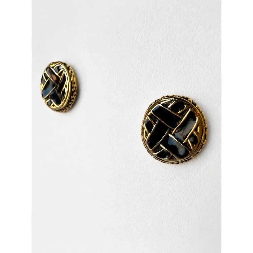 Gold Tone Black Enamel Basketweave Round Stud Earrings Vintage